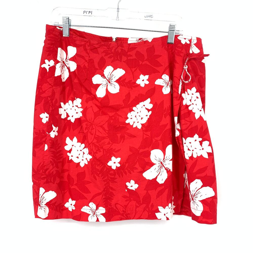 Vintage Y2K Wrap Front Skort Women Apx Sz 16 Red White Tropical Floral Print